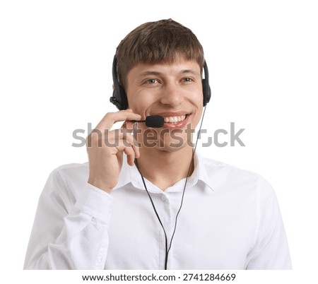 Smiling hotline operator in headset on white background