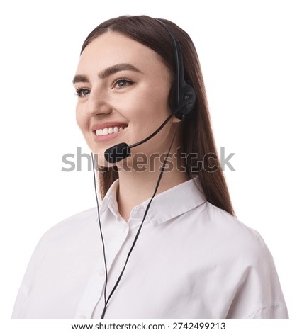Smiling hotline operator in headset on white background