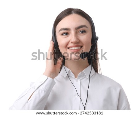 Smiling hotline operator in headset on white background