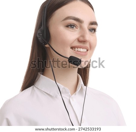 Smiling hotline operator in headset on white background