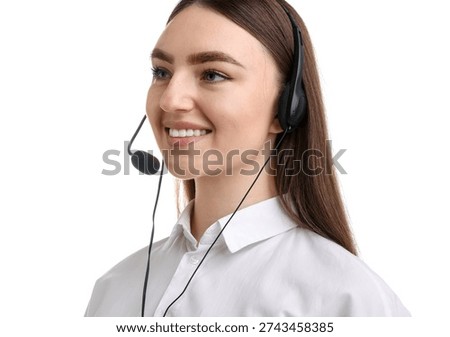 Smiling hotline operator in headset on white background