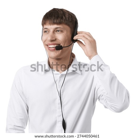 Smiling hotline operator in headset on white background