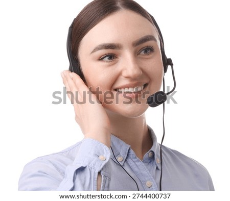 Smiling hotline operator in headset on white background