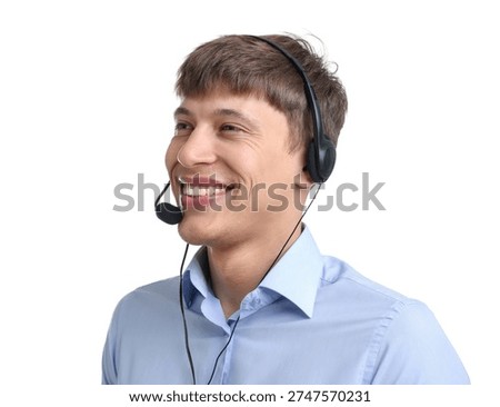 Smiling hotline operator in headset on white background