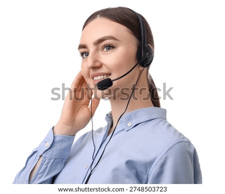 Smiling hotline operator in headset on white background