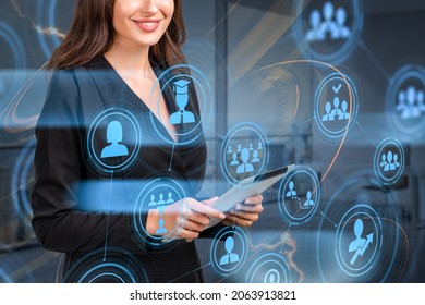 Smiling HR Consultant Researching New Candidates Just Finished Master Degree Programs In Business Administration, Postgraduate Level. Career Opportunities After Graduation. Hologram Icons