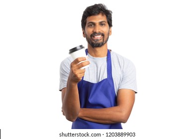 Smiling Hypermarket Or Grocery Store Employee Enojoying Pause With Coffee To Go Mug Isolated On White Studio Background