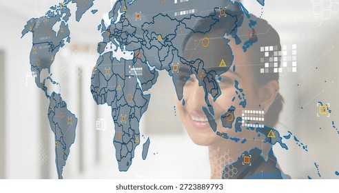 Smiling Indian exec in blazer viewing transparent world map at office with data markers, copy space. Globe, portrait, overlay, geospatial, analytics, corporate, professional