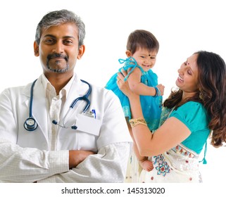 Smiling Indian Medical Doctor And Patient Family. Health Care Concept. Isolated On White Background.