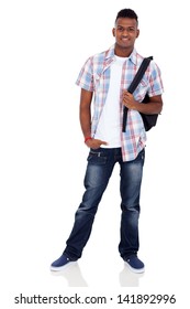 smiling indian teenager boy with schoolbag standing on white background