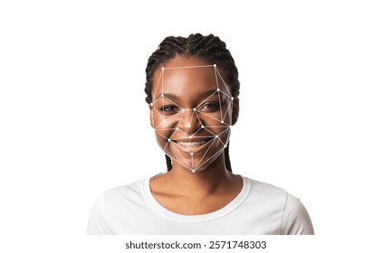 A smiling individual with braided hair is highlighted by facial recognition technology showcasing geometric patterns over her face. The background is plain white, emphasizing the subject's features.