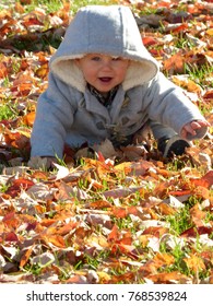 Smiling Infant With Blue Eyes In Hooded Duffel Coat Playing In The Fall Leaves