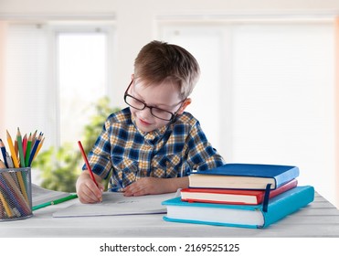 Smiling Intelligent Schooler Teen Doing Homework Stock Photo 2169525125 ...