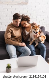 Smiling Interracial Couple With Shiba Inu Dog Looking At Laptop In Living Room