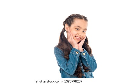 Smiling Kid In Denim Jacket Posing Isolated On White