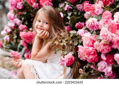 Smiling kid girl 5-6 year old wear white casual dress holding pink rose flower over blooming bushes at nature background. Spring time. Childhood.  - Shutterstock ID 2253415635