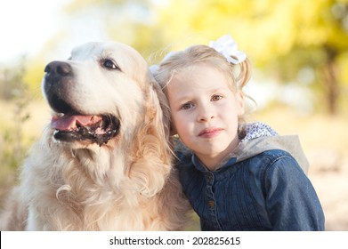 Smiling Kid Girl Holding Labrador Outdoors Stock Photo 202825615 ...