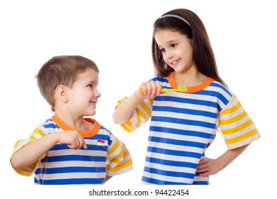 Smiling Kids Brushing Teeth, Isolated On White