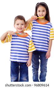 Smiling Kids Brushing Teeth Together, Isolated On White