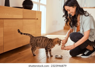 Smiling latin woman feeding her hungry cat at home. Pet lover hispanic woman giving food to cute domestic cat at home. Hapy girl feeding her pet with stew meal, domestic life with pet.