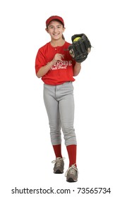 Smiling Laughing Preteen Sports Girl In Softball Uniform