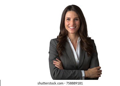 Smiling Likable Sincere And Charming Business Woman Portrait On A White Background