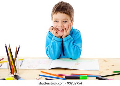 Smiling Little Boy Table Draw Crayons Stock Photo 93982954 | Shutterstock