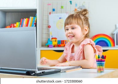 Smiling Little Girl Using Notebook Distance Stock Photo 1723300060 ...