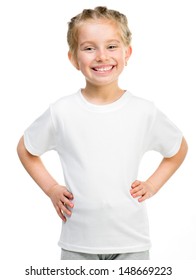 Smiling little girl in white t-shirt isolated on a white background - Shutterstock ID 148669223