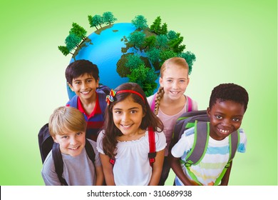 Smiling Little School Kids In School Corridor Against Green Vignette