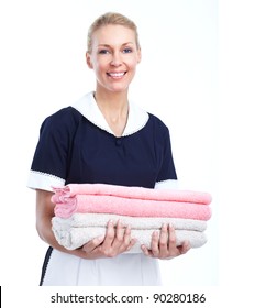 Smiling Maid Woman. Isolated Over White Background.