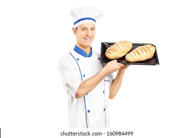 Smiling Male Baker Holding Freshly Baked Breads Isolated On White Background