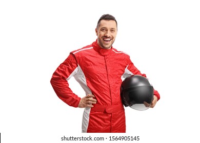 Smiling Male Car Racer With A Helmet Isolated On White Background