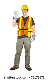 Smiling Male Construction Worker Showing Okay Sign Standing Isolated On White Background