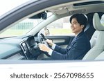 Smiling male driver driving a car