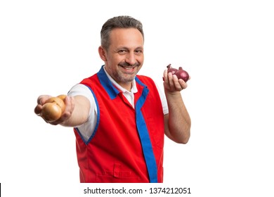 Smiling Male Hypermarket Or Supermarket Employee Presenting Yellow And Red Onions As Grocery Store Concept Isolated On White Background