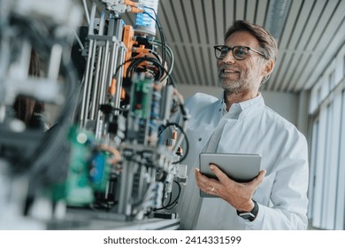 Smiling male scientist holding digital tablet examining machinery in laboratory - Powered by Shutterstock