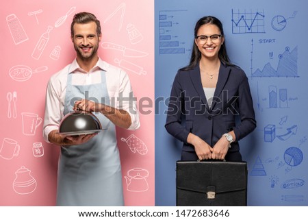 smiling man in apron with Serving Tray and businesswoman with briefcase on blue and pink
