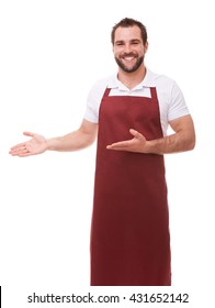 Smiling Man With Apron Showing Empty Copyspace On White Background