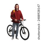 Smiling man with backpack and bicycle isolated on white