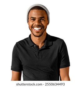 Smiling man in a black polo shirt and gray beanie. Casual attire, cheerful expression. Bright smile, relaxed pose. Casual, cheerful, smiling man. African American man isolated on white background. - Powered by Shutterstock