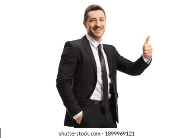 Smiling Man In A Black Suit Showing Thumbs Up Isolated On White Background