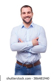 Smiling Man In Blue Shirt With Crossed Arms. Isolated On White Background