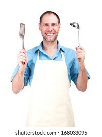 Smiling Man Cooking In Apron Isolated On White Background