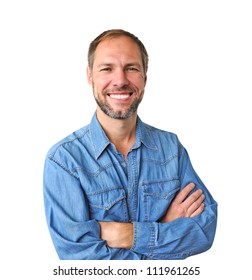 Smiling Man In Denim Shirt Isolated On The White Background