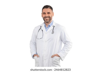 A smiling man doctor stands confidently with his hands in his pockets, wearing a white coat and stethoscope, against a plain white background in a studio. - Powered by Shutterstock