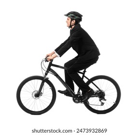 Smiling man in helmet riding bicycle on white background - Powered by Shutterstock