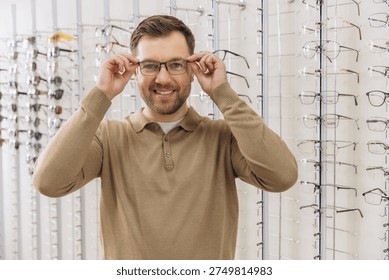 Smiling man looking at camera, trying on modern spectacles in an optician store. Buying frames for improved eyesight