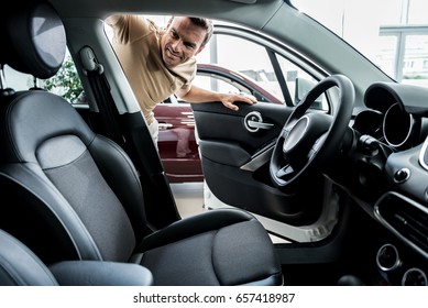 Smiling Man Looking At Car Interior