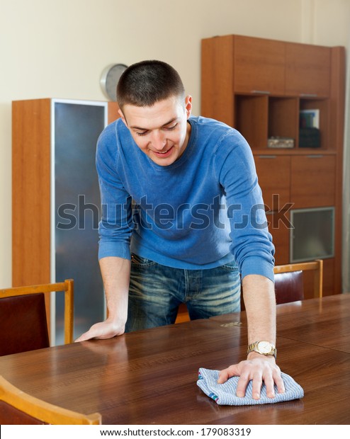 Smiling Man Polishing Table Furniture Polish Stock Photo Edit Now